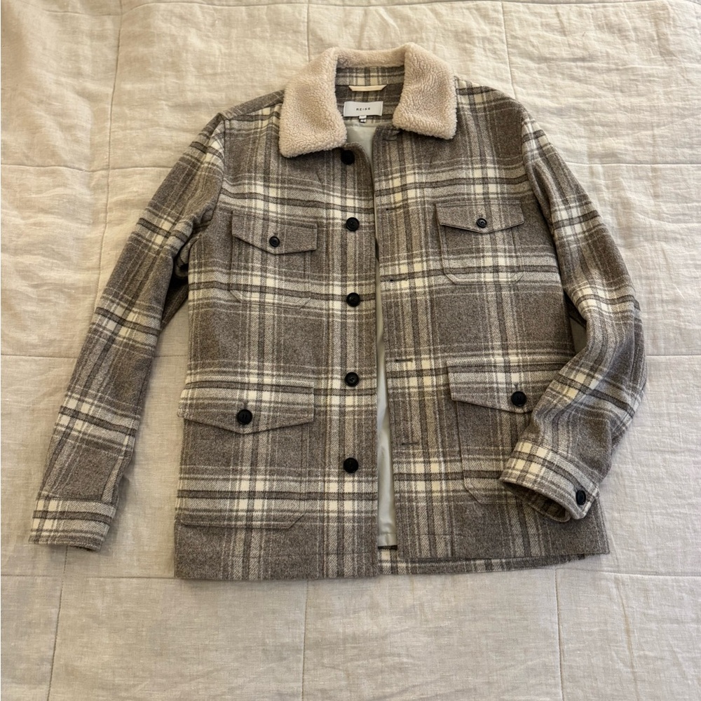 Reiss Brown Plaid Jacket with Shearling Collar